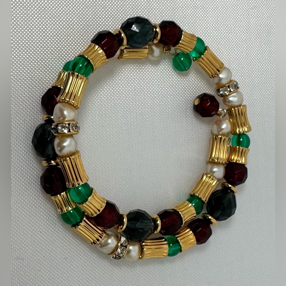 Gold-Tone Multi Bead Stretch Wrap Bracelet with Green, Red & Pearl Accents